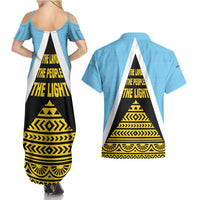 Saint Lucia Tribal Triangle Design Couples Matching Summer Maxi Dress and Hawaiian Shirt with Flag Colors and The Land The People The Light Quote - Wonder Print Shop