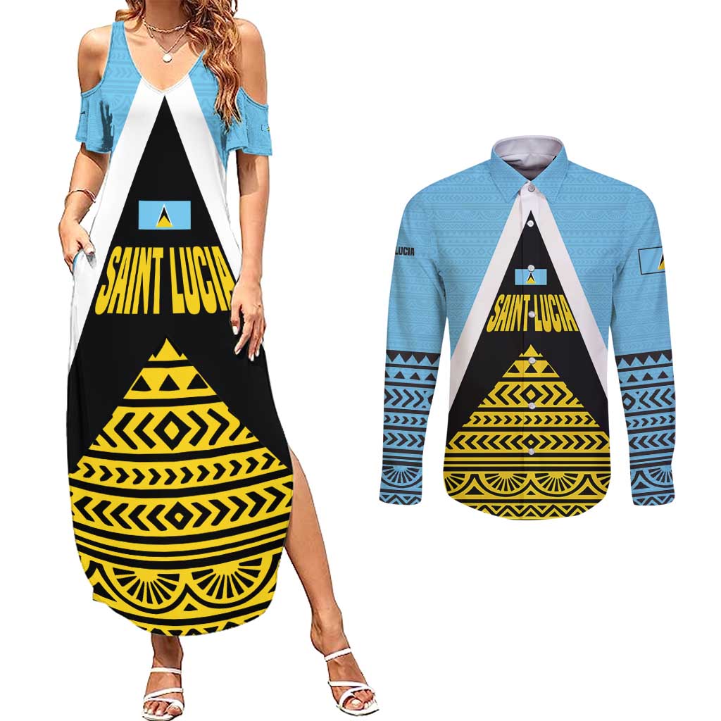 Saint Lucia Tribal Triangle Design Couples Matching Summer Maxi Dress and Long Sleeve Button Shirt with Flag Colors and The Land The People The Light Quote - Wonder Print Shop