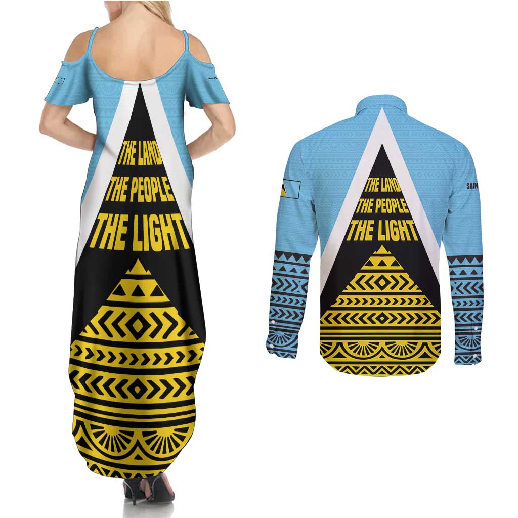 Saint Lucia Tribal Triangle Design Couples Matching Summer Maxi Dress and Long Sleeve Button Shirt with Flag Colors and The Land The People The Light Quote - Wonder Print Shop