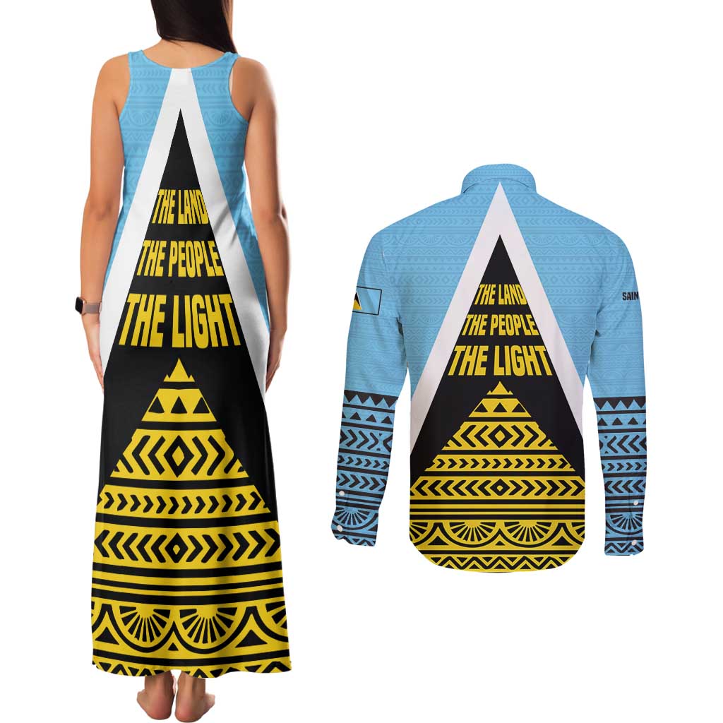Saint Lucia Tribal Triangle Design Couples Matching Tank Maxi Dress and Long Sleeve Button Shirt with Flag Colors and The Land The People The Light Quote - Wonder Print Shop