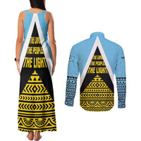 Saint Lucia Tribal Triangle Design Couples Matching Tank Maxi Dress and Long Sleeve Button Shirt with Flag Colors and The Land The People The Light Quote - Wonder Print Shop