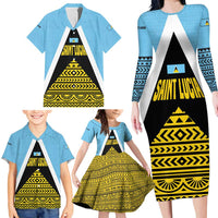 Saint Lucia Tribal Triangle Design Family Matching Long Sleeve Bodycon Dress and Hawaiian Shirt with Flag Colors and The Land The People The Light Quote - Wonder Print Shop