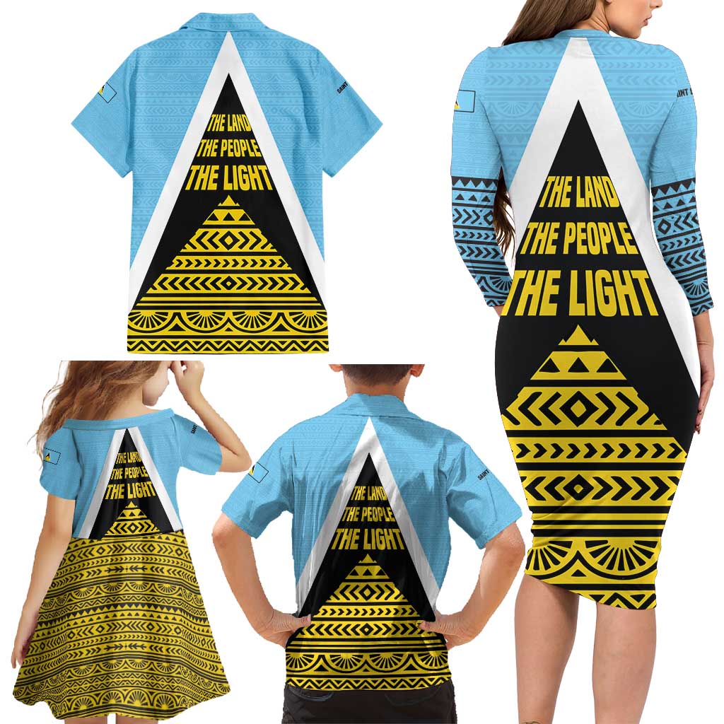 Saint Lucia Tribal Triangle Design Family Matching Long Sleeve Bodycon Dress and Hawaiian Shirt with Flag Colors and The Land The People The Light Quote - Wonder Print Shop