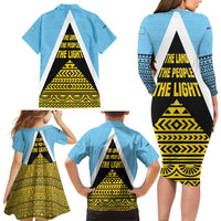 Saint Lucia Tribal Triangle Design Family Matching Long Sleeve Bodycon Dress and Hawaiian Shirt with Flag Colors and The Land The People The Light Quote - Wonder Print Shop