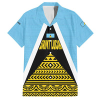 Saint Lucia Tribal Triangle Design Family Matching Long Sleeve Bodycon Dress and Hawaiian Shirt with Flag Colors and The Land The People The Light Quote - Wonder Print Shop