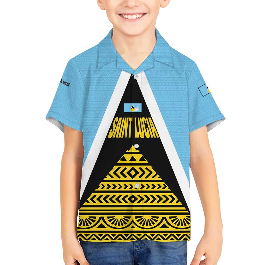 Saint Lucia Tribal Triangle Design Family Matching Long Sleeve Bodycon Dress and Hawaiian Shirt with Flag Colors and The Land The People The Light Quote - Wonder Print Shop