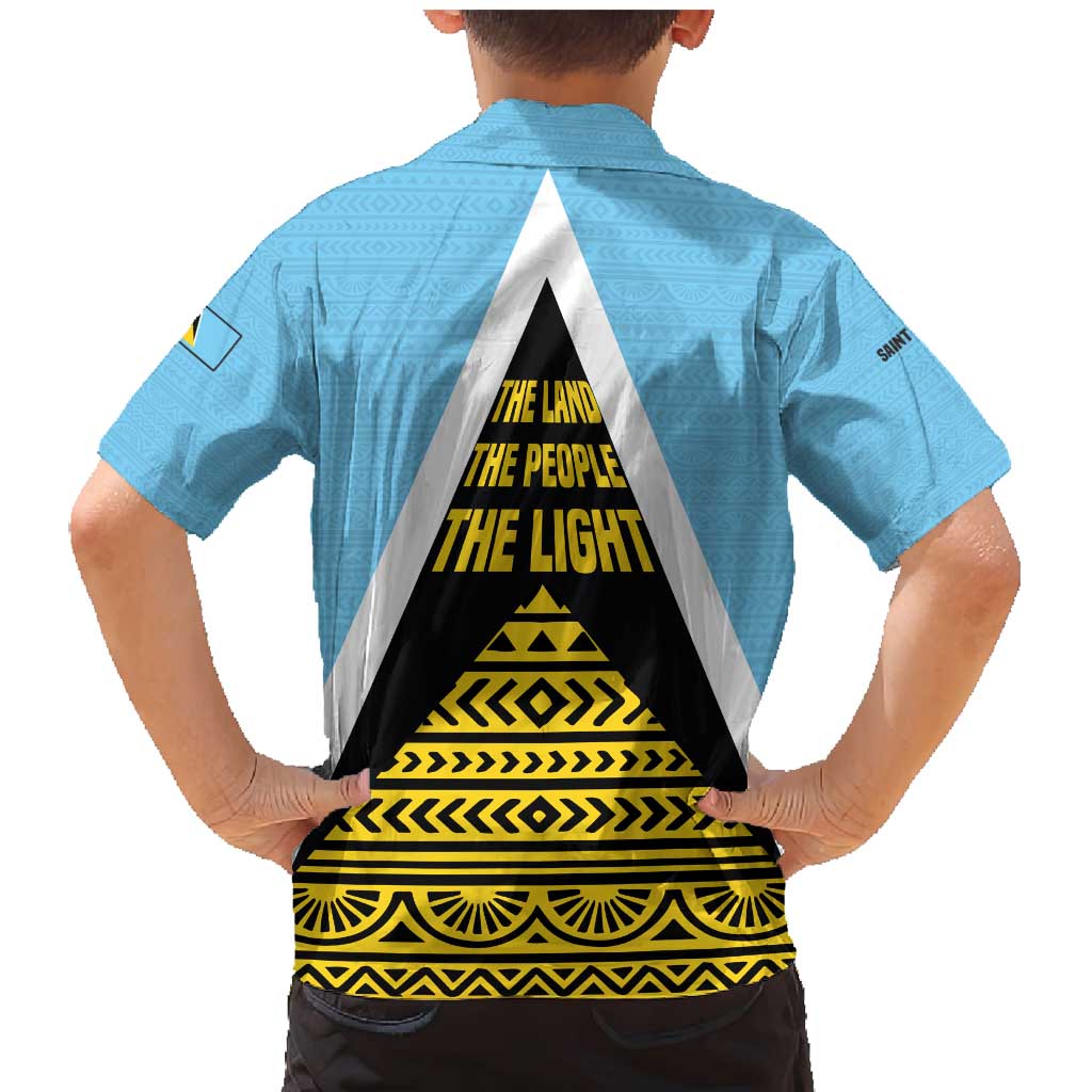Saint Lucia Tribal Triangle Design Family Matching Mermaid Dress and Hawaiian Shirt with Flag Colors and The Land The People The Light Quote - Wonder Print Shop