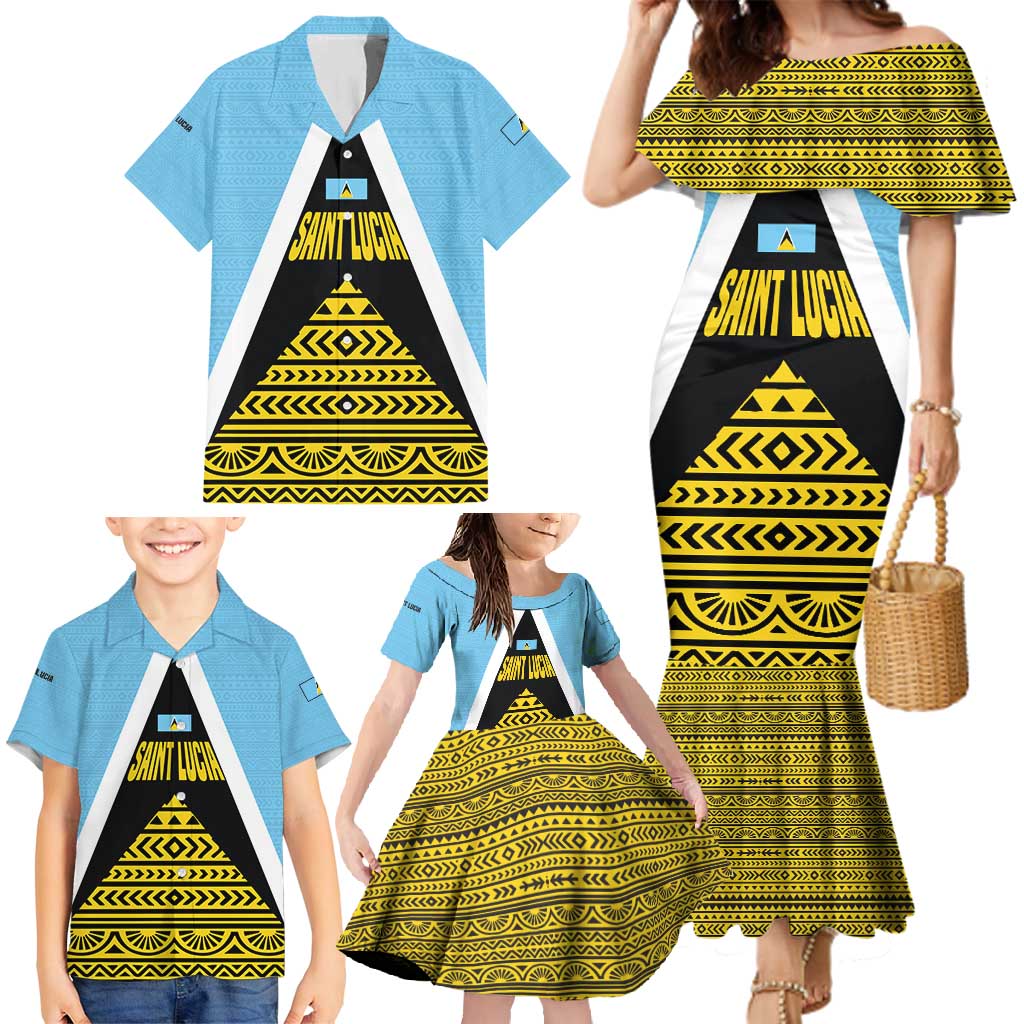 Saint Lucia Tribal Triangle Design Family Matching Mermaid Dress and Hawaiian Shirt with Flag Colors and The Land The People The Light Quote - Wonder Print Shop