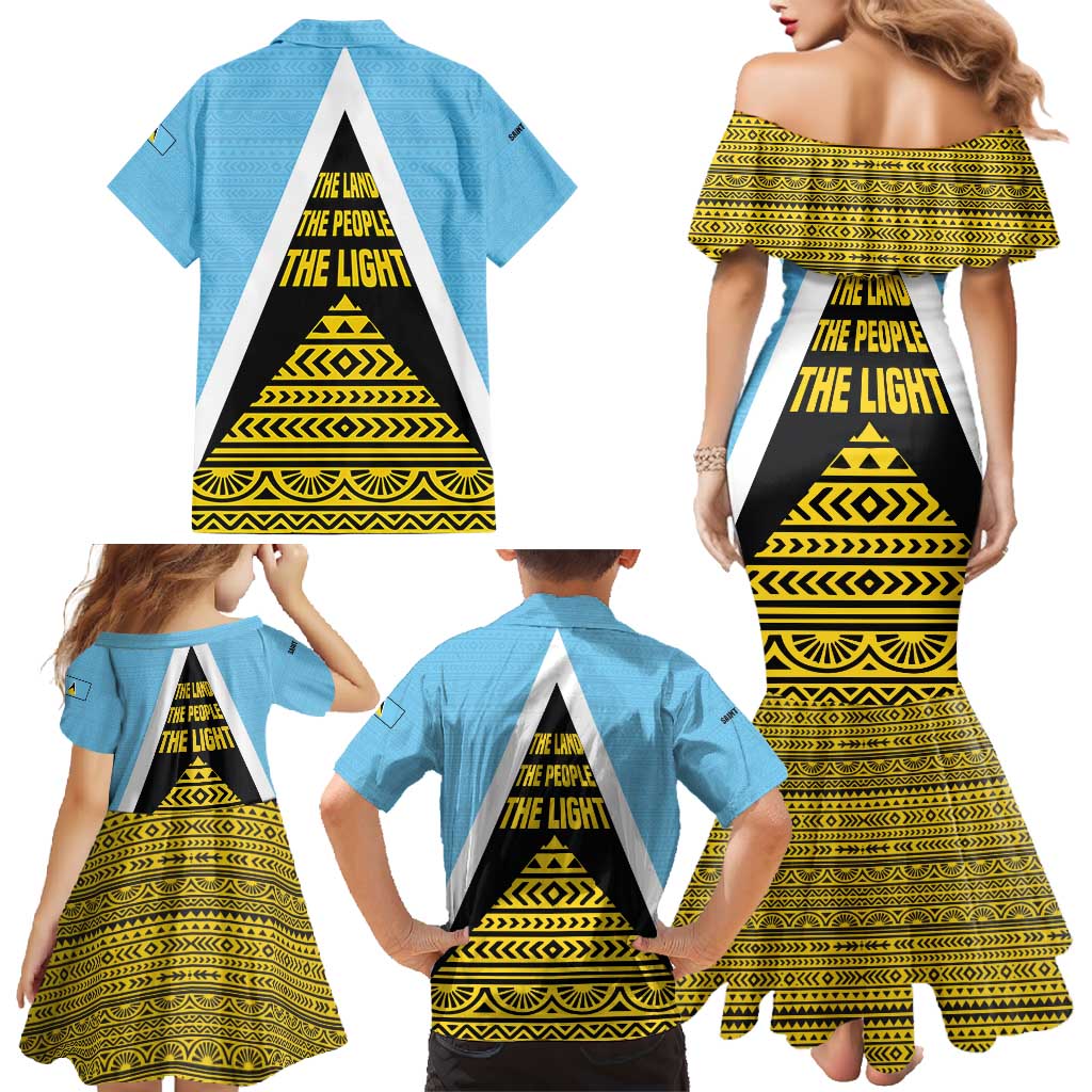 Saint Lucia Tribal Triangle Design Family Matching Mermaid Dress and Hawaiian Shirt with Flag Colors and The Land The People The Light Quote - Wonder Print Shop