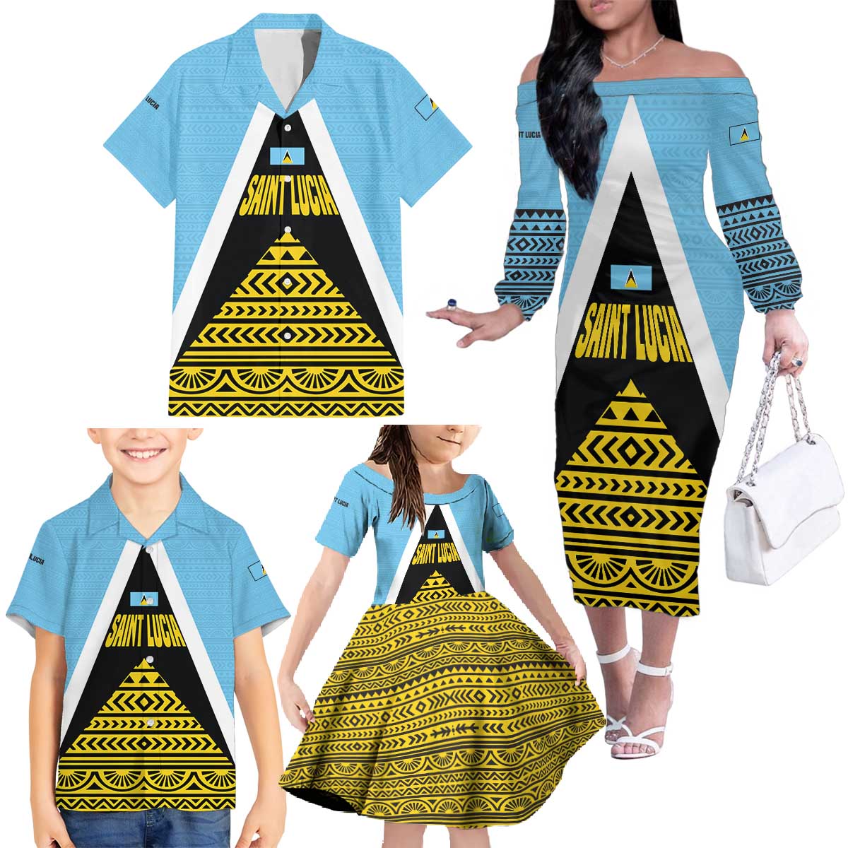 Saint Lucia Tribal Triangle Design Family Matching Off The Shoulder Long Sleeve Dress and Hawaiian Shirt with Flag Colors and The Land The People The Light Quote - Wonder Print Shop