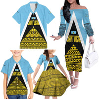 Saint Lucia Tribal Triangle Design Family Matching Off The Shoulder Long Sleeve Dress and Hawaiian Shirt with Flag Colors and The Land The People The Light Quote - Wonder Print Shop