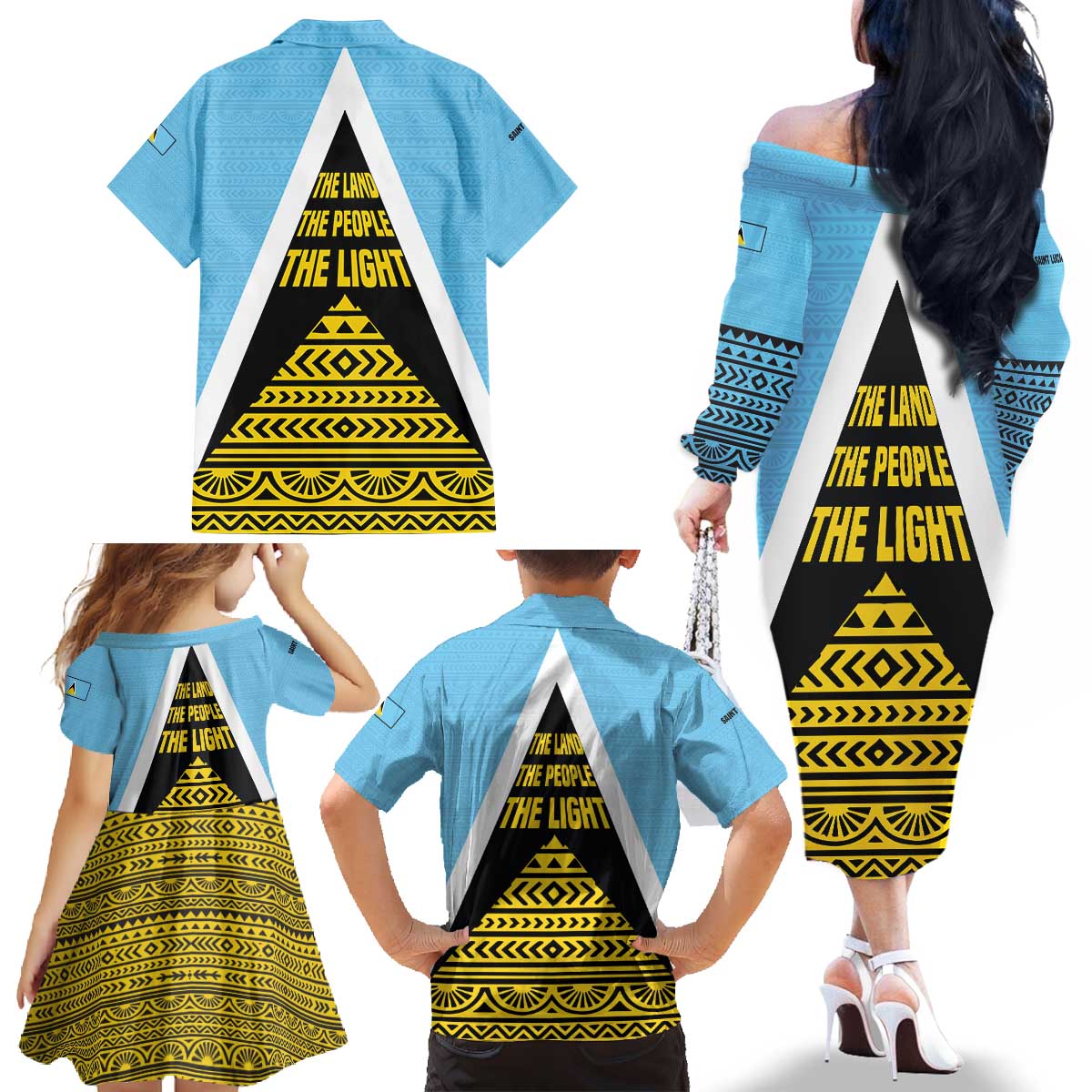 Saint Lucia Tribal Triangle Design Family Matching Off The Shoulder Long Sleeve Dress and Hawaiian Shirt with Flag Colors and The Land The People The Light Quote - Wonder Print Shop