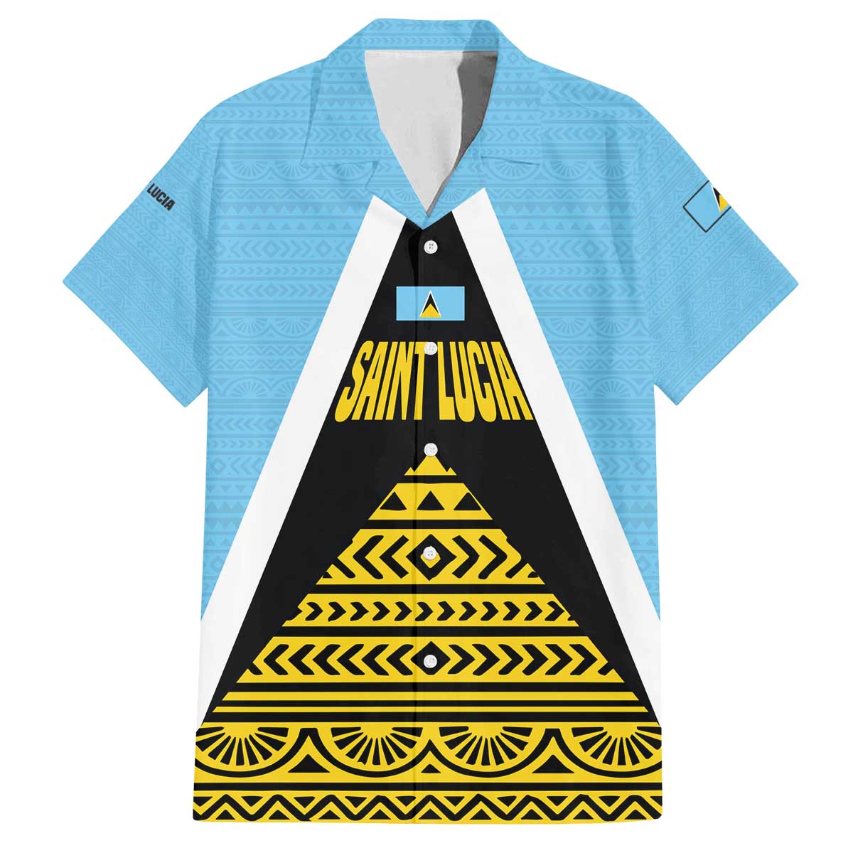 Saint Lucia Tribal Triangle Design Family Matching Off The Shoulder Long Sleeve Dress and Hawaiian Shirt with Flag Colors and The Land The People The Light Quote - Wonder Print Shop