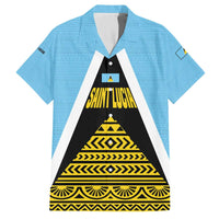 Saint Lucia Tribal Triangle Design Family Matching Off The Shoulder Long Sleeve Dress and Hawaiian Shirt with Flag Colors and The Land The People The Light Quote - Wonder Print Shop
