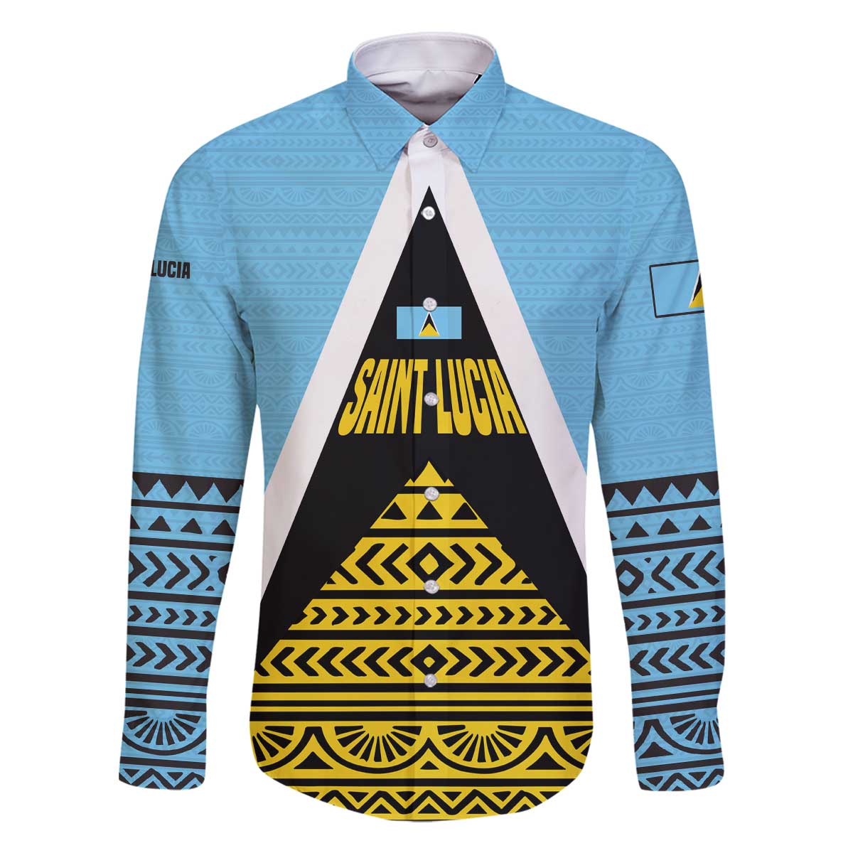 Saint Lucia Tribal Triangle Design Family Matching Off The Shoulder Long Sleeve Dress and Hawaiian Shirt with Flag Colors and The Land The People The Light Quote - Wonder Print Shop