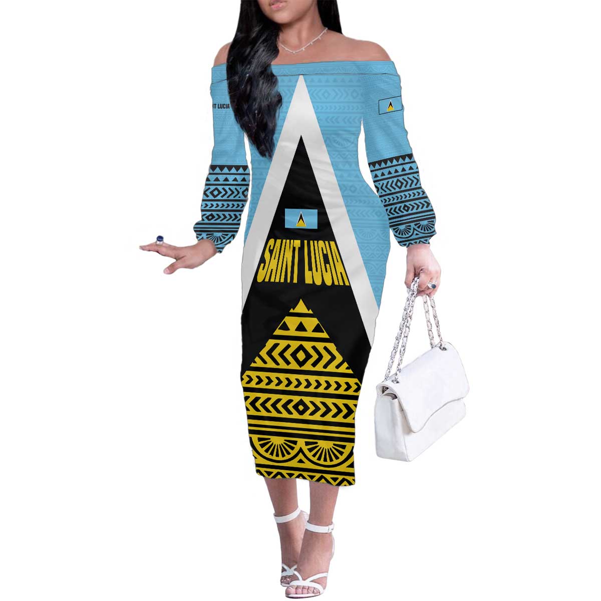 Saint Lucia Tribal Triangle Design Family Matching Off The Shoulder Long Sleeve Dress and Hawaiian Shirt with Flag Colors and The Land The People The Light Quote - Wonder Print Shop