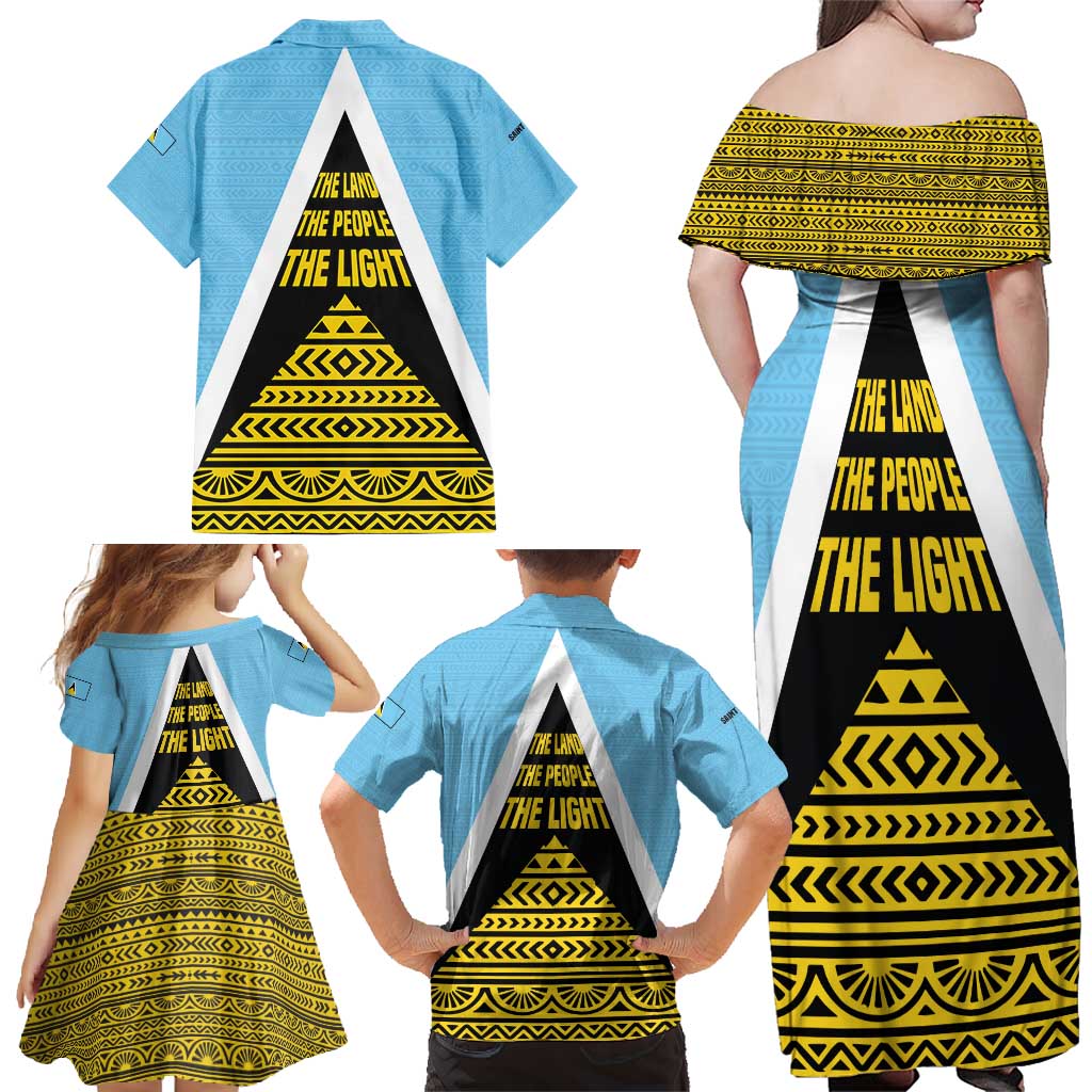 Saint Lucia Tribal Triangle Design Family Matching Off Shoulder Maxi Dress and Hawaiian Shirt with Flag Colors and The Land The People The Light Quote - Wonder Print Shop