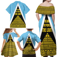 Saint Lucia Tribal Triangle Design Family Matching Off Shoulder Maxi Dress and Hawaiian Shirt with Flag Colors and The Land The People The Light Quote - Wonder Print Shop