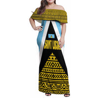 Saint Lucia Tribal Triangle Design Family Matching Off Shoulder Maxi Dress and Hawaiian Shirt with Flag Colors and The Land The People The Light Quote - Wonder Print Shop