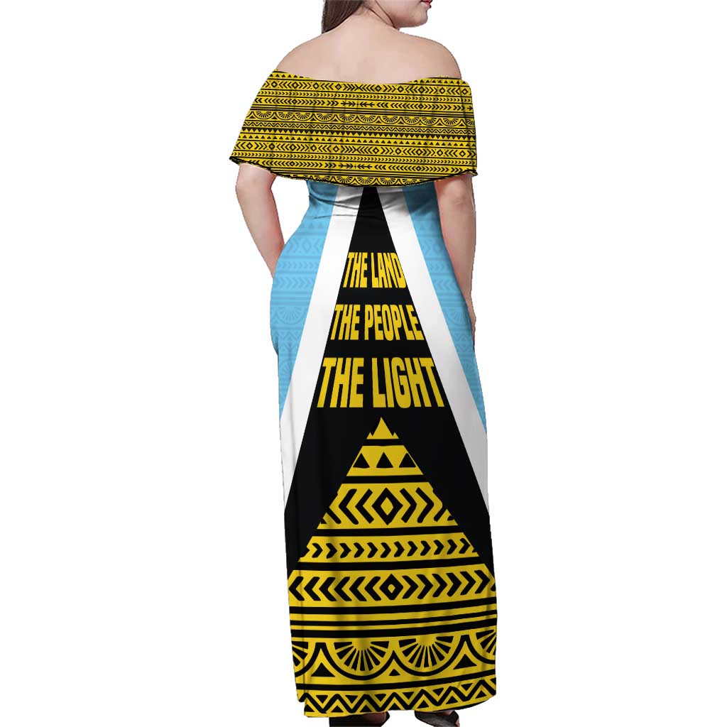 Saint Lucia Tribal Triangle Design Family Matching Off Shoulder Maxi Dress and Hawaiian Shirt with Flag Colors and The Land The People The Light Quote - Wonder Print Shop