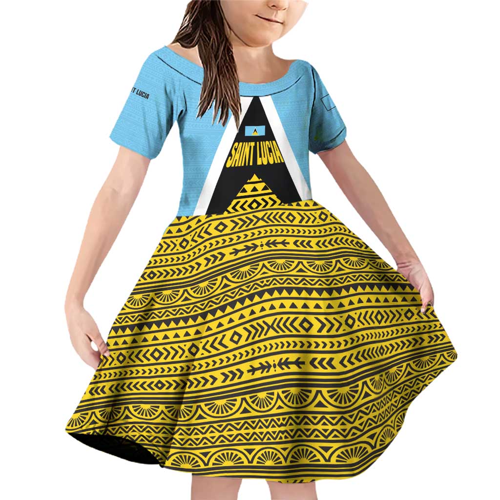 Saint Lucia Tribal Triangle Design Family Matching Off Shoulder Short Dress and Hawaiian Shirt with Flag Colors and The Land The People The Light Quote - Wonder Print Shop