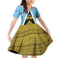 Saint Lucia Tribal Triangle Design Family Matching Off Shoulder Short Dress and Hawaiian Shirt with Flag Colors and The Land The People The Light Quote - Wonder Print Shop