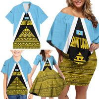 Saint Lucia Tribal Triangle Design Family Matching Off Shoulder Short Dress and Hawaiian Shirt with Flag Colors and The Land The People The Light Quote - Wonder Print Shop