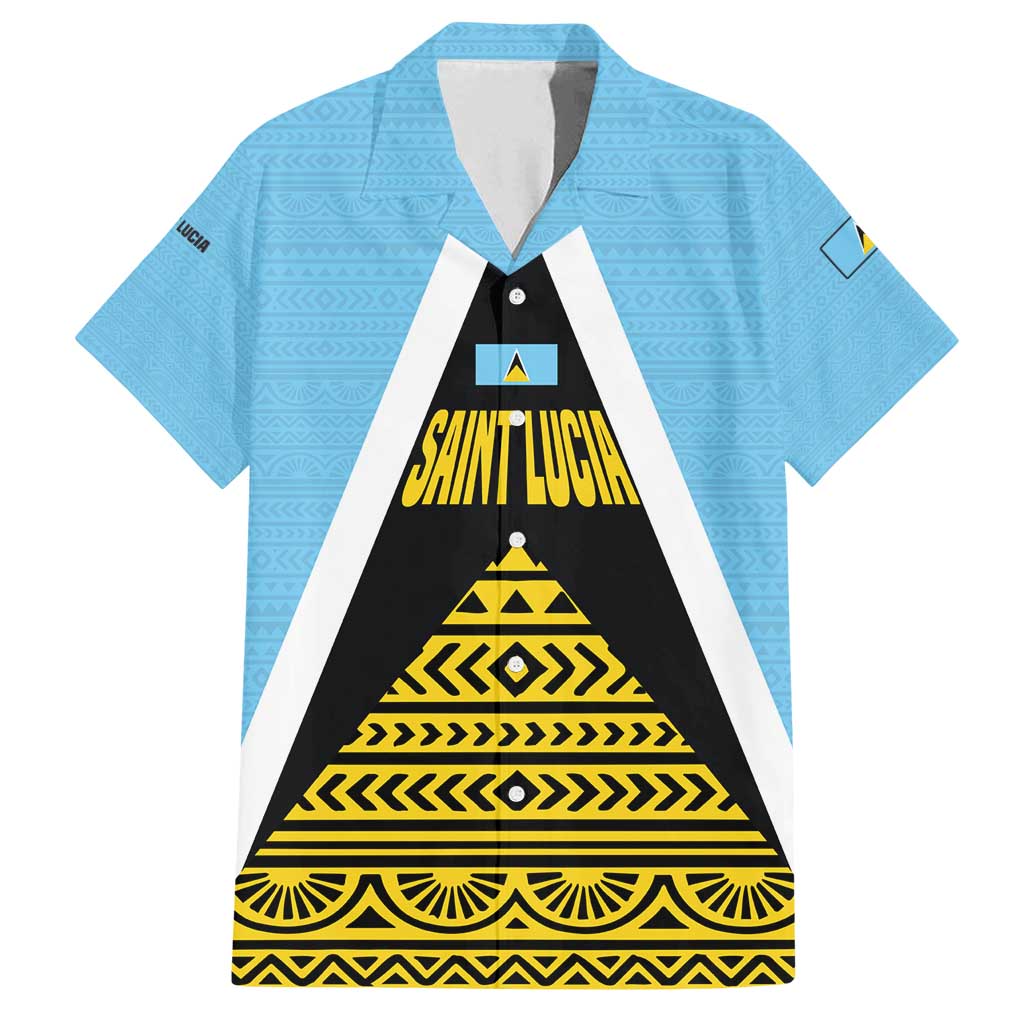 Saint Lucia Tribal Triangle Design Family Matching Off Shoulder Short Dress and Hawaiian Shirt with Flag Colors and The Land The People The Light Quote - Wonder Print Shop
