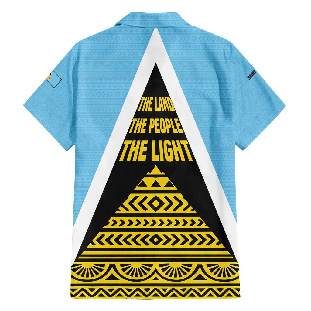 Saint Lucia Tribal Triangle Design Family Matching Off Shoulder Short Dress and Hawaiian Shirt with Flag Colors and The Land The People The Light Quote - Wonder Print Shop