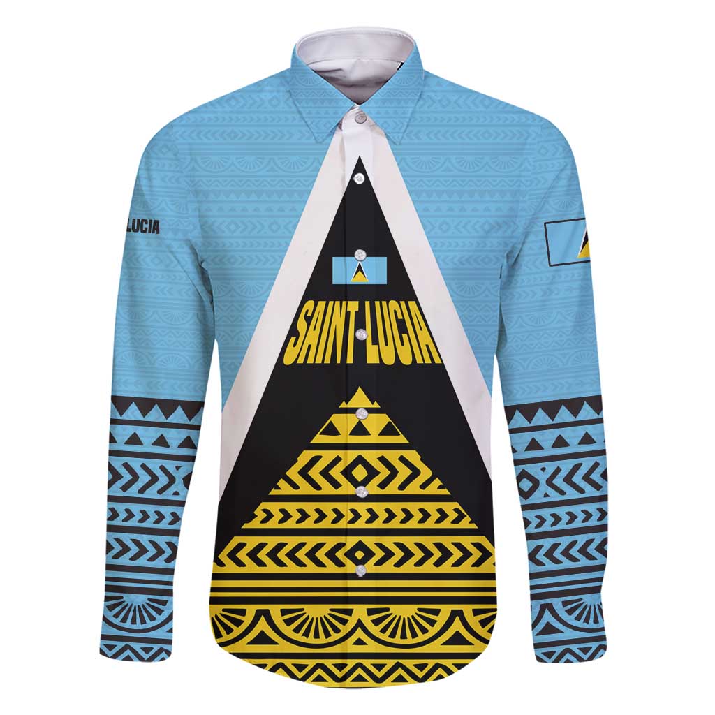 Saint Lucia Tribal Triangle Design Family Matching Off Shoulder Short Dress and Hawaiian Shirt with Flag Colors and The Land The People The Light Quote - Wonder Print Shop