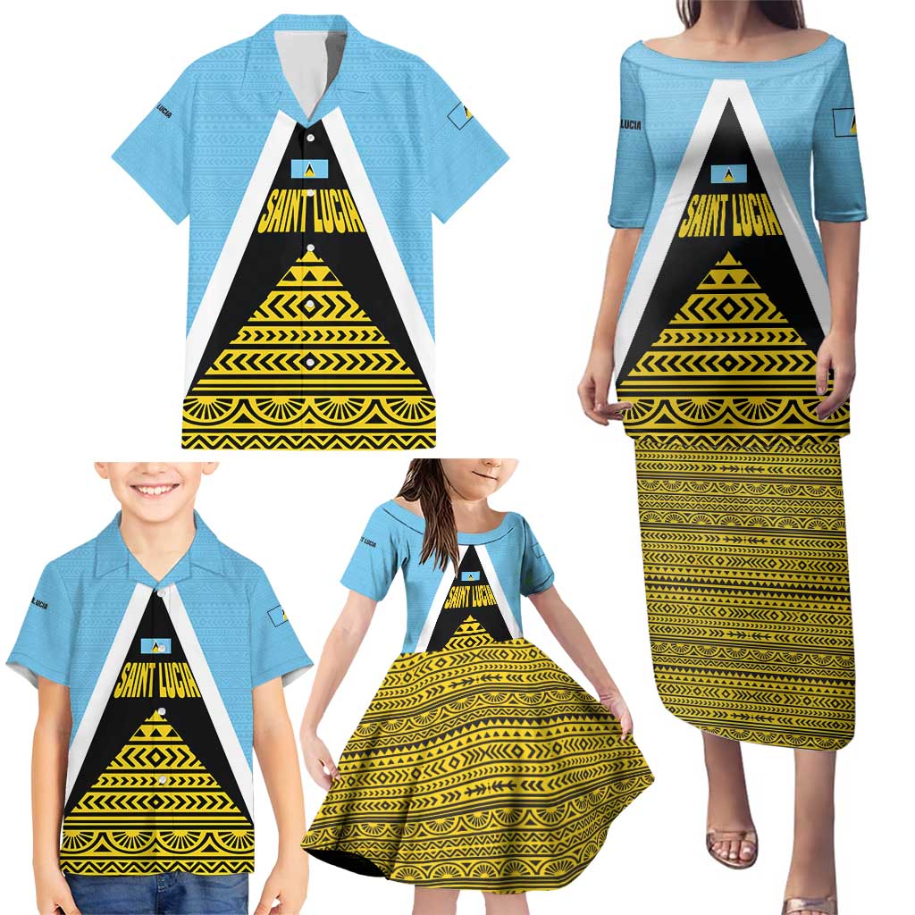 Saint Lucia Tribal Triangle Design Family Matching Puletasi and Hawaiian Shirt with Flag Colors and The Land The People The Light Quote - Wonder Print Shop