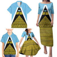 Saint Lucia Tribal Triangle Design Family Matching Puletasi and Hawaiian Shirt with Flag Colors and The Land The People The Light Quote - Wonder Print Shop
