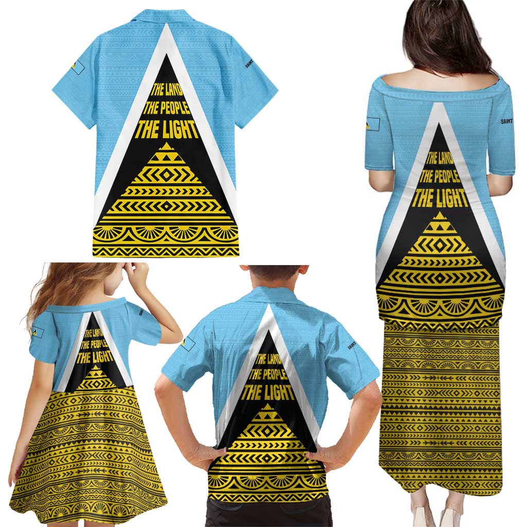 Saint Lucia Tribal Triangle Design Family Matching Puletasi and Hawaiian Shirt with Flag Colors and The Land The People The Light Quote - Wonder Print Shop