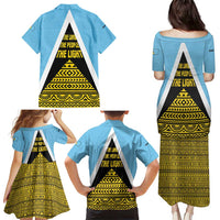 Saint Lucia Tribal Triangle Design Family Matching Puletasi and Hawaiian Shirt with Flag Colors and The Land The People The Light Quote - Wonder Print Shop