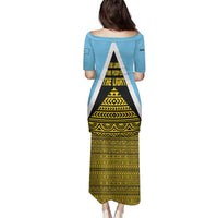 Saint Lucia Tribal Triangle Design Family Matching Puletasi and Hawaiian Shirt with Flag Colors and The Land The People The Light Quote - Wonder Print Shop