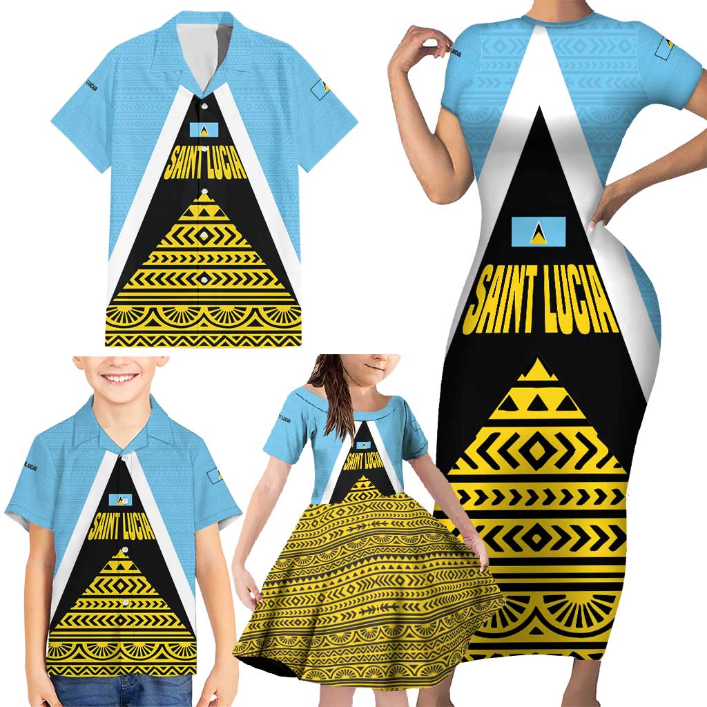 Saint Lucia Tribal Triangle Design Family Matching Short Sleeve Bodycon Dress and Hawaiian Shirt with Flag Colors and The Land The People The Light Quote - Wonder Print Shop