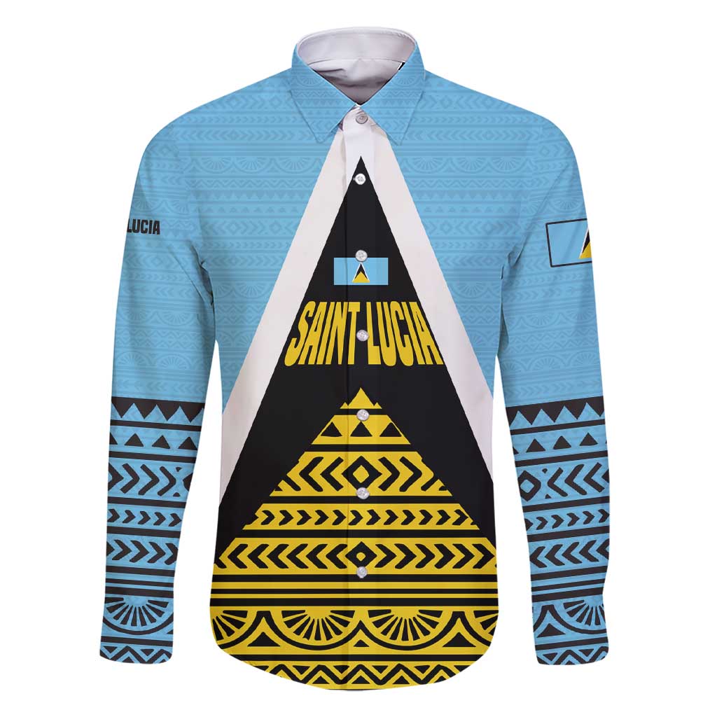 Saint Lucia Tribal Triangle Design Family Matching Short Sleeve Bodycon Dress and Hawaiian Shirt with Flag Colors and The Land The People The Light Quote - Wonder Print Shop