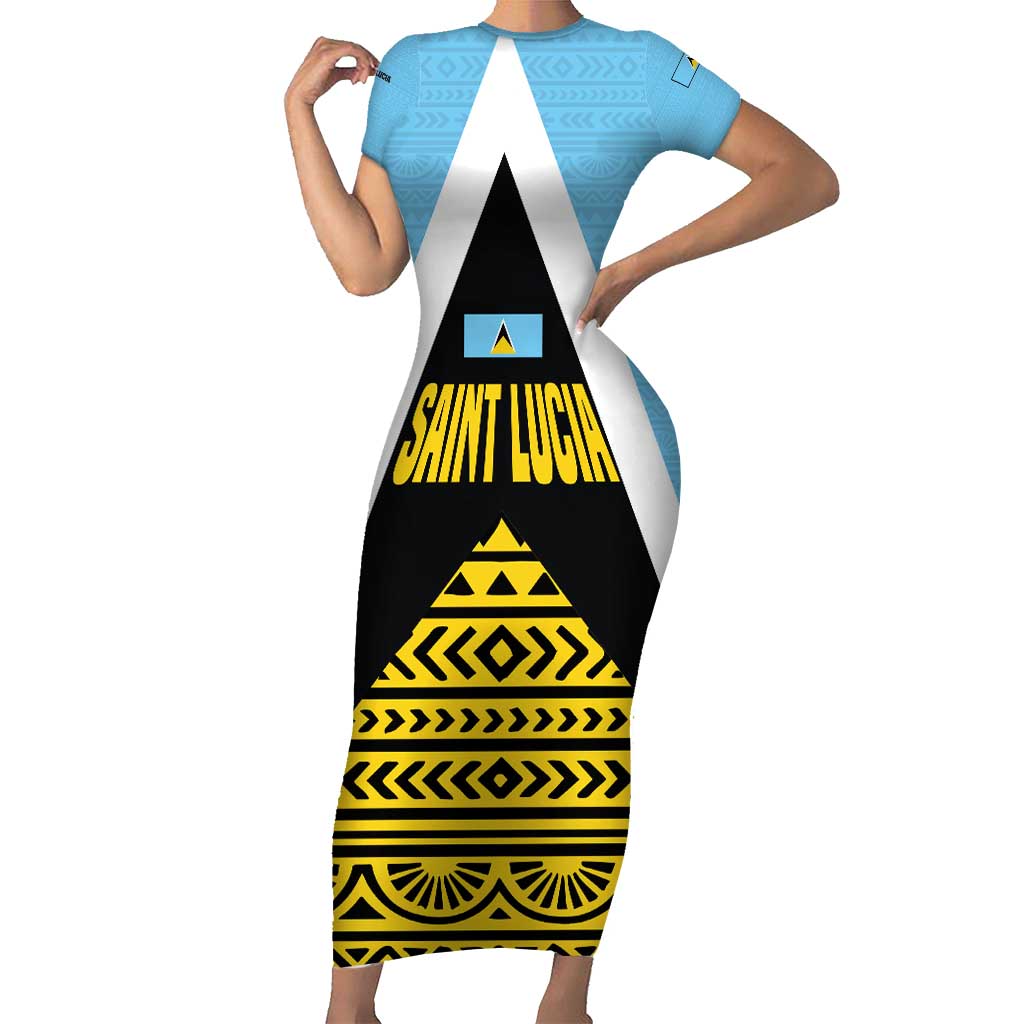 Saint Lucia Tribal Triangle Design Family Matching Short Sleeve Bodycon Dress and Hawaiian Shirt with Flag Colors and The Land The People The Light Quote - Wonder Print Shop