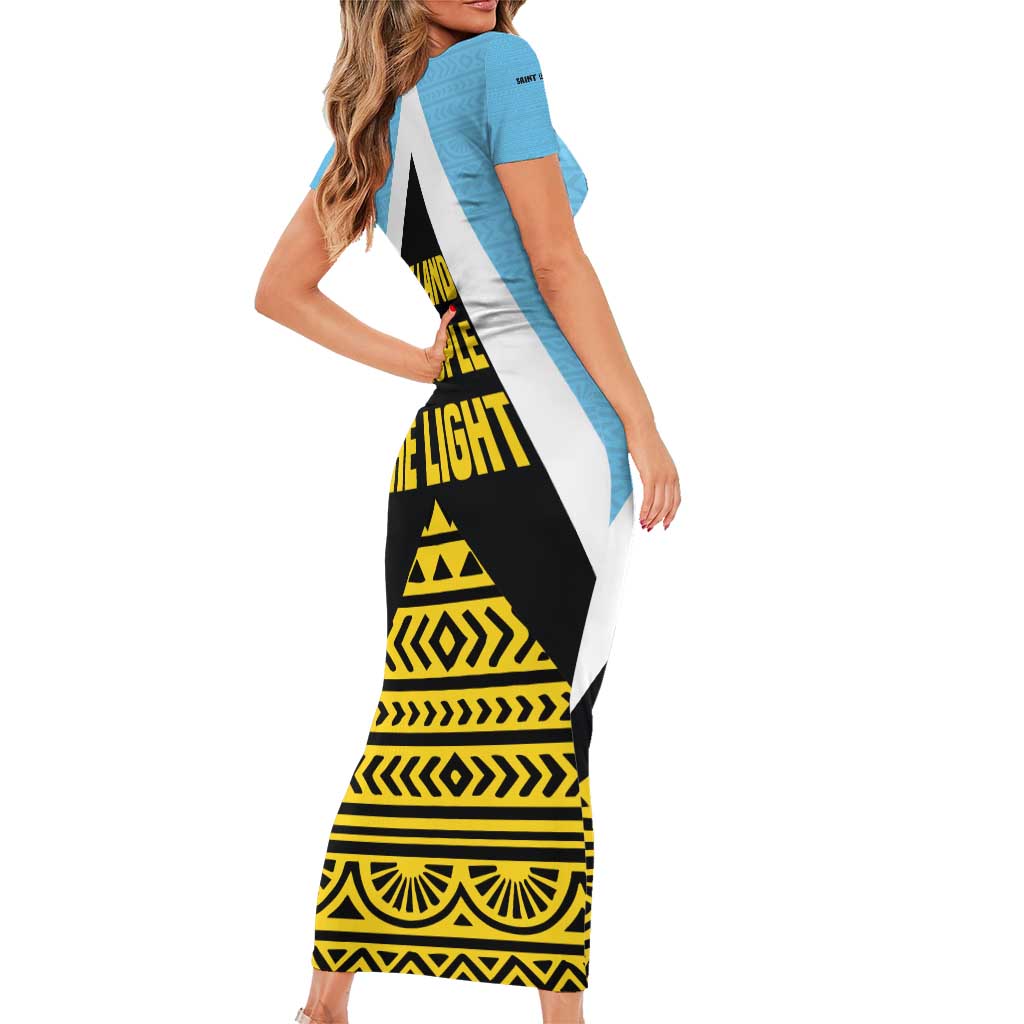 Saint Lucia Tribal Triangle Design Family Matching Short Sleeve Bodycon Dress and Hawaiian Shirt with Flag Colors and The Land The People The Light Quote - Wonder Print Shop
