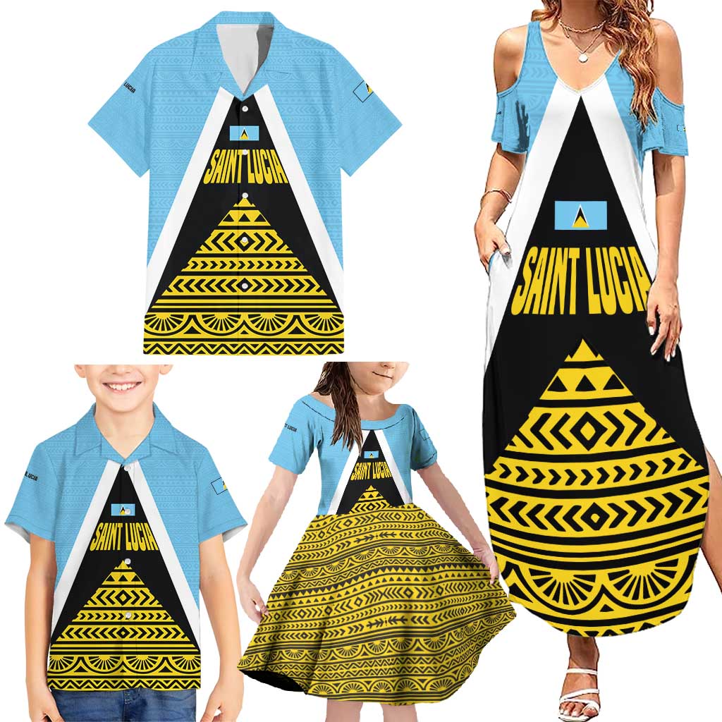 Saint Lucia Tribal Triangle Design Family Matching Summer Maxi Dress and Hawaiian Shirt with Flag Colors and The Land The People The Light Quote - Wonder Print Shop
