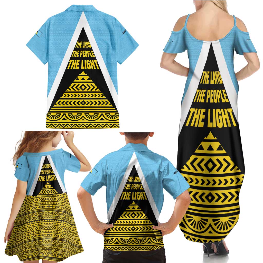 Saint Lucia Tribal Triangle Design Family Matching Summer Maxi Dress and Hawaiian Shirt with Flag Colors and The Land The People The Light Quote - Wonder Print Shop