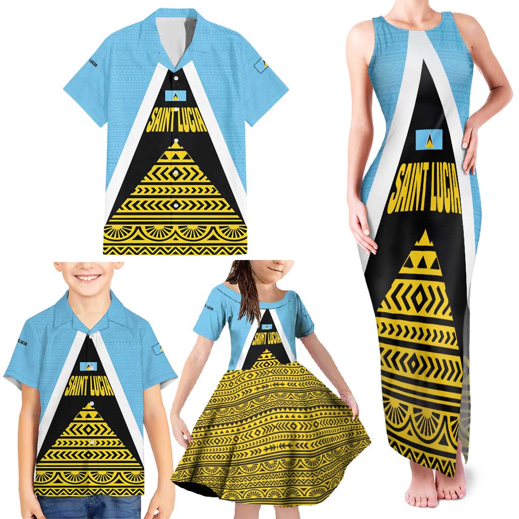 Saint Lucia Tribal Triangle Design Family Matching Tank Maxi Dress and Hawaiian Shirt with Flag Colors and The Land The People The Light Quote - Wonder Print Shop