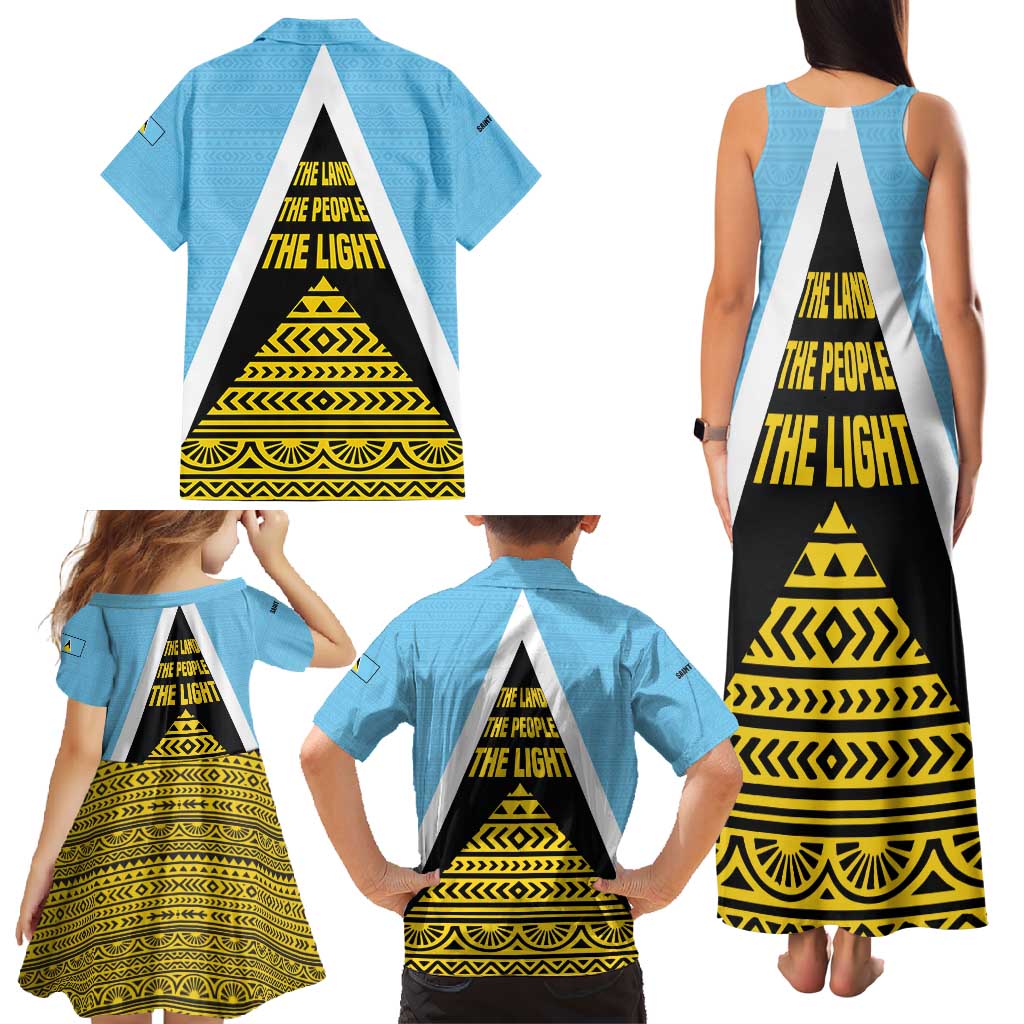 Saint Lucia Tribal Triangle Design Family Matching Tank Maxi Dress and Hawaiian Shirt with Flag Colors and The Land The People The Light Quote - Wonder Print Shop