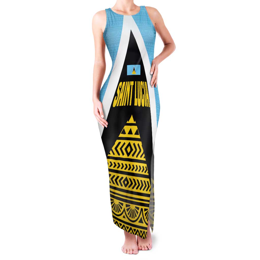 Saint Lucia Tribal Triangle Design Family Matching Tank Maxi Dress and Hawaiian Shirt with Flag Colors and The Land The People The Light Quote - Wonder Print Shop