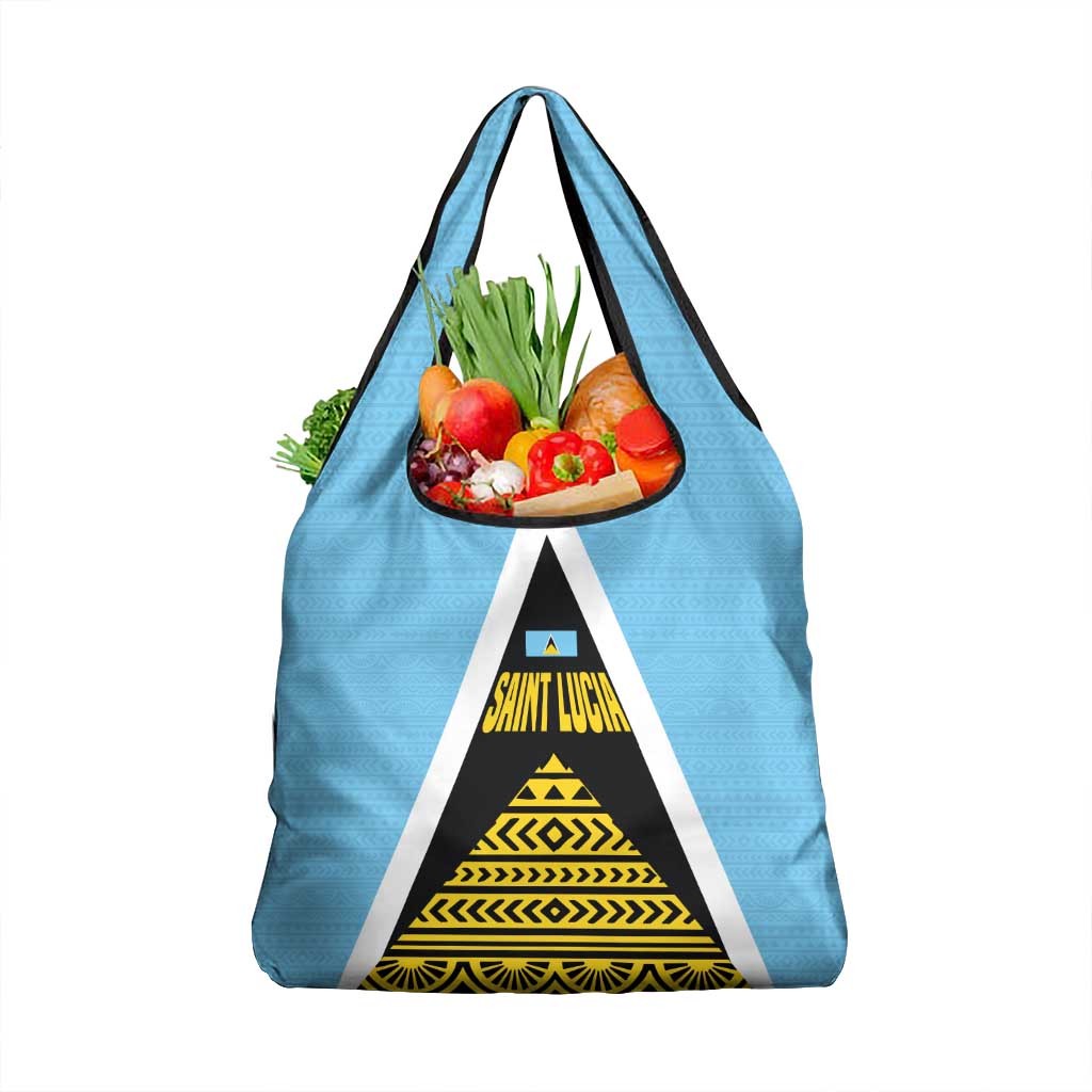 Saint Lucia Tribal Triangle Design Grocery Bag with Flag Colors and The Land The People The Light Quote - Wonder Print Shop