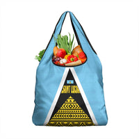 Saint Lucia Tribal Triangle Design Grocery Bag with Flag Colors and The Land The People The Light Quote - Wonder Print Shop
