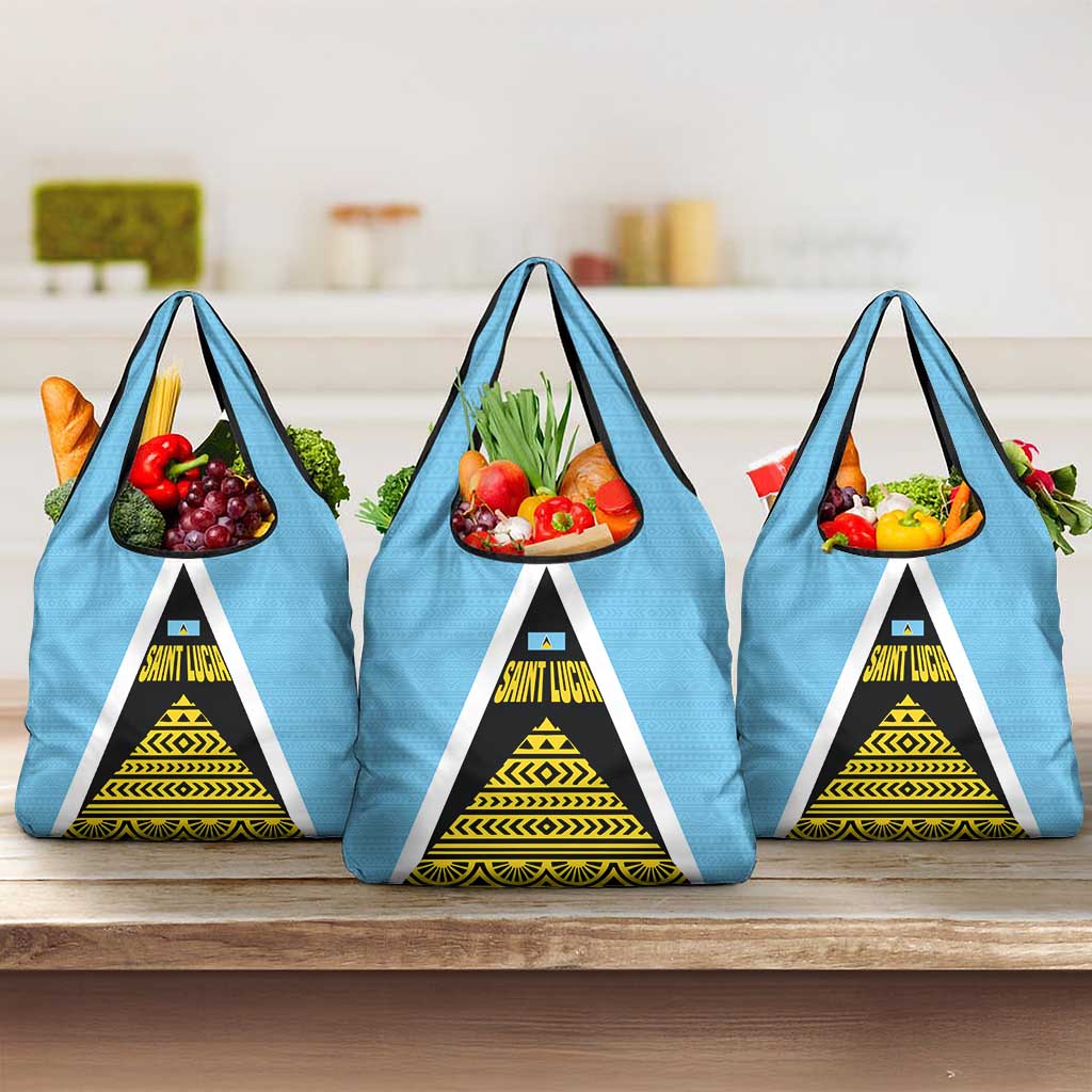 Saint Lucia Tribal Triangle Design Grocery Bag with Flag Colors and The Land The People The Light Quote - Wonder Print Shop
