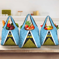 Saint Lucia Tribal Triangle Design Grocery Bag with Flag Colors and The Land The People The Light Quote - Wonder Print Shop