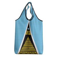 Saint Lucia Tribal Triangle Design Grocery Bag with Flag Colors and The Land The People The Light Quote - Wonder Print Shop