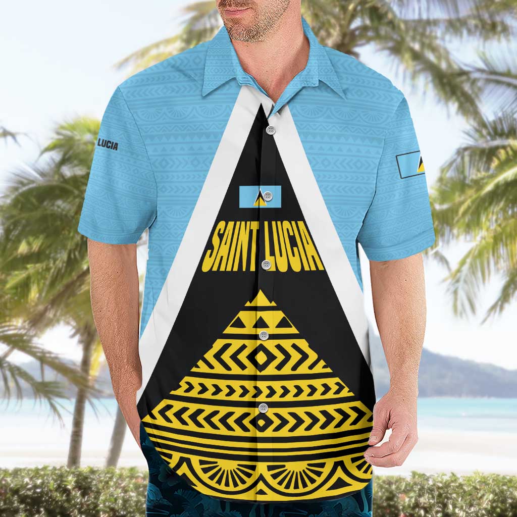 Saint Lucia Tribal Triangle Design Hawaiian Shirt with Flag Colors and The Land The People The Light Quote - Wonder Print Shop
